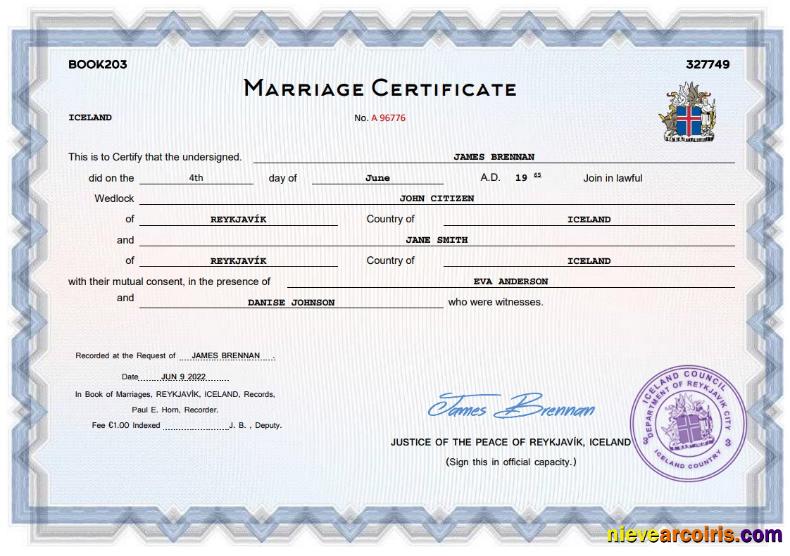 Iceland marriage certificate